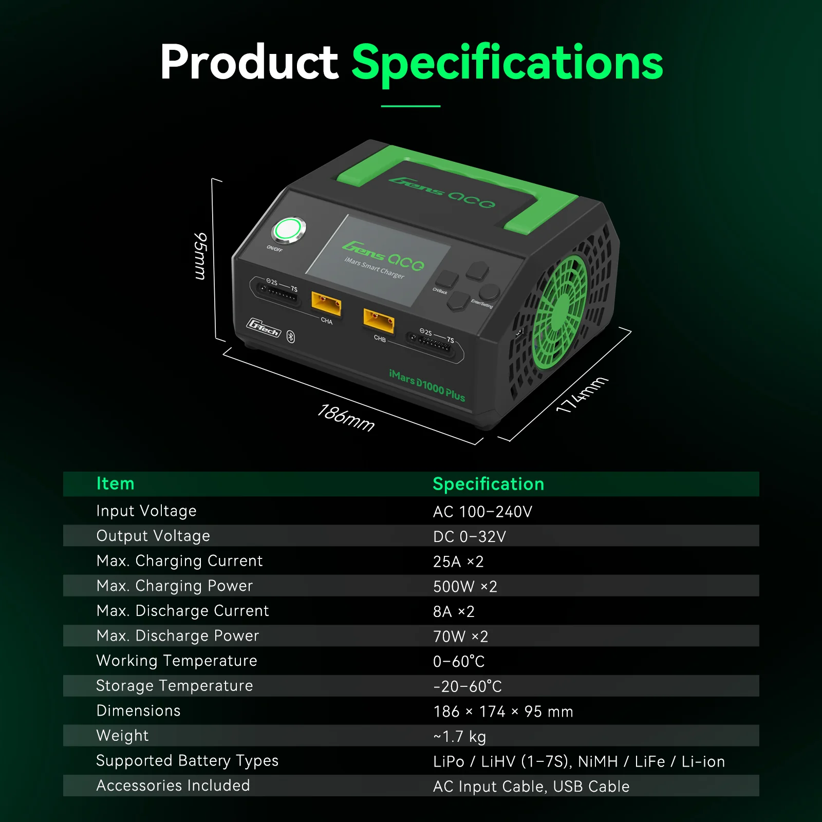 Gens ace iMars D1000 Plus Smart Charger | Dual Channel | AC 1000W | G-Tech - Image 9
